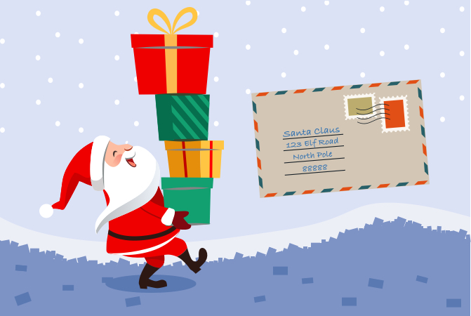 A cartoon Santa carrying a tower of packages alongside a letter addressed to Santa.