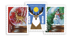Two Snow Globes stamps and a Winter Woodland Animal stamp.